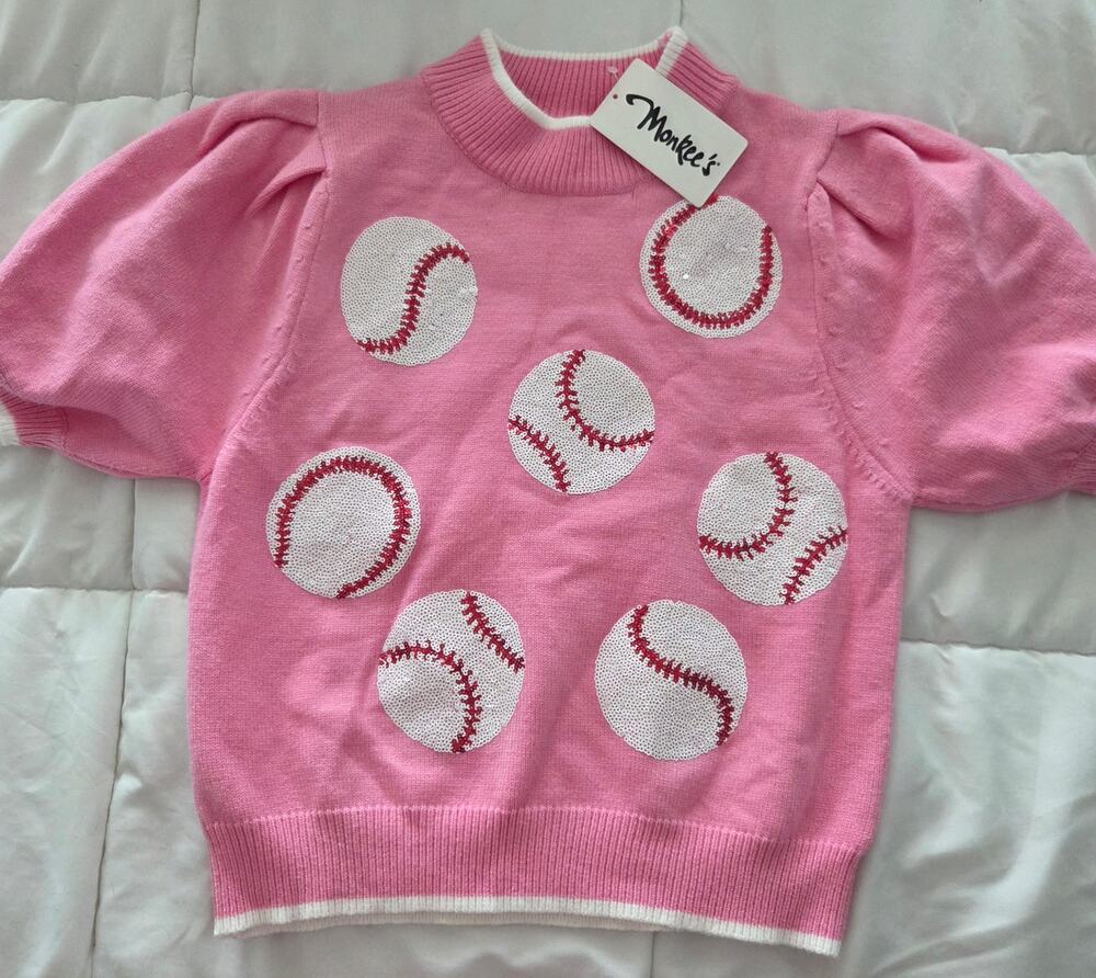 NWT Peach Love Sequin Baseball Pointelle Knit Short Puff Sleeve Sweater Small